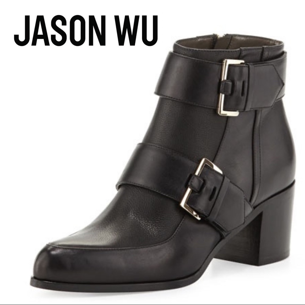 Jason Wu Double Buckle Pointed Toe Leather Booties